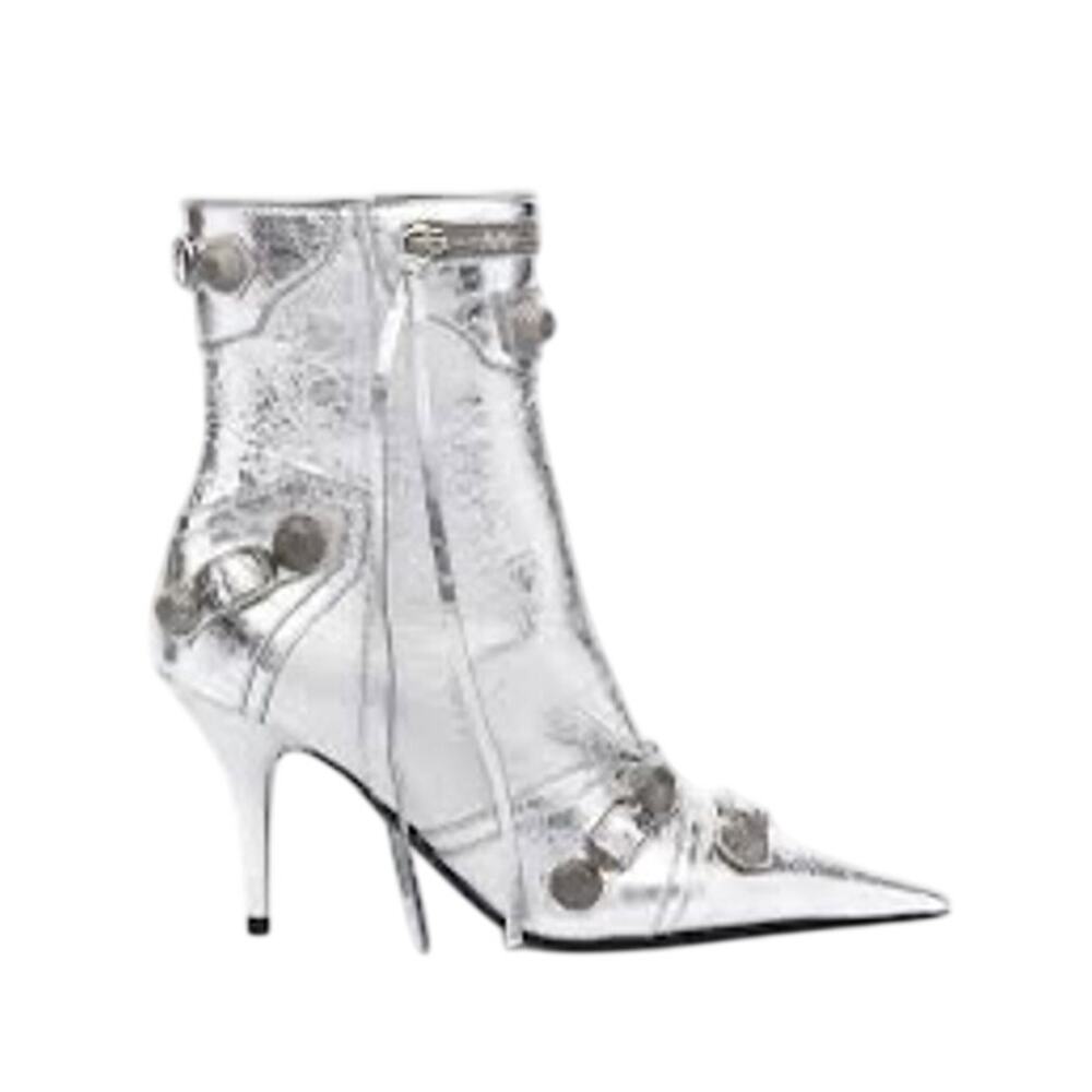 Balenciaga NIB Le Cagole Studded Crinkle Leather Ankle Boots in Silver Size 38